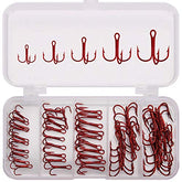 Red treble hooks in clear tackle box, 50 pieces